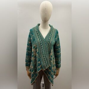 Mi Ami Open Front Cardigan Boho Geometric Knit Draped Sweater Teal Beige Size S